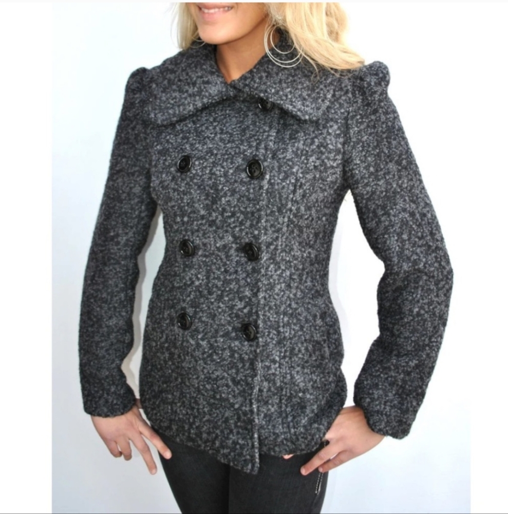 STEVE MADDEN | Women's Blk/Charcoal Grey Textured Wool Blend Button Up Peacoat